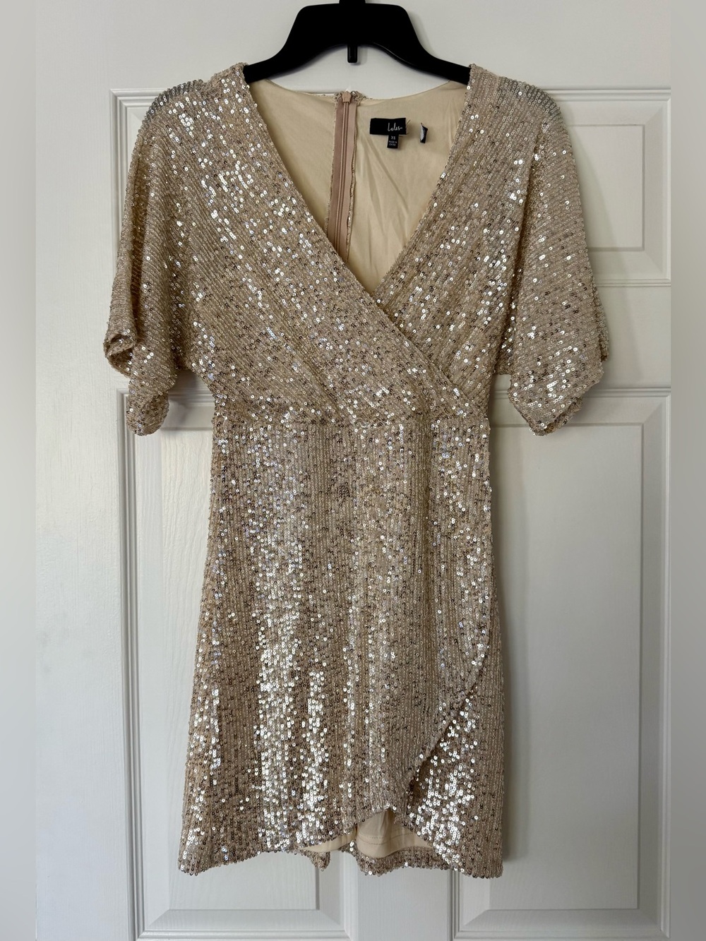 Lulu's Champagne Sequin Wrap Wrap Mini Dress